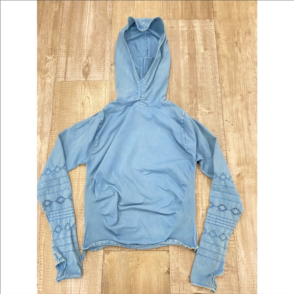 Free People Light Blue Ribbed Mock Neck Long Sleeve Top